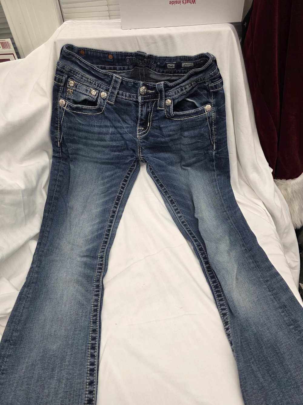 Miss Me Distressed Blue Flare Jeans with Contrast Stitching